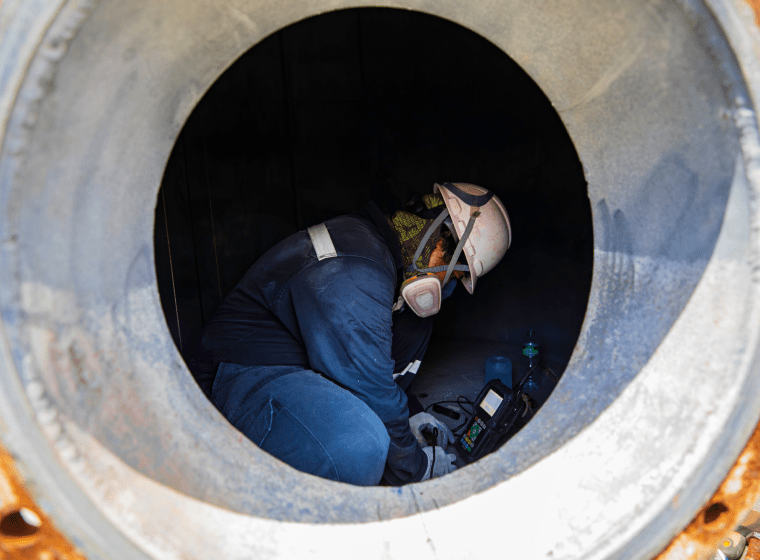 worker inside of a tank inspecting the area